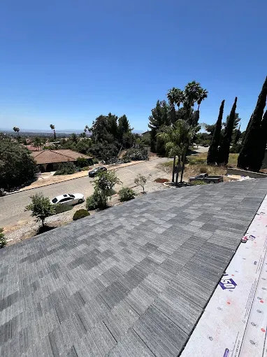 Standing seam metal roof in Moreno Valley's Mediterranean climate with palm trees