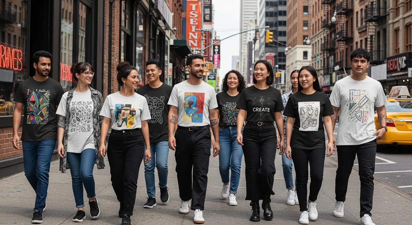 Diverse group of people wearing trendy t-shirts showcasing artistic designs in an urban setting