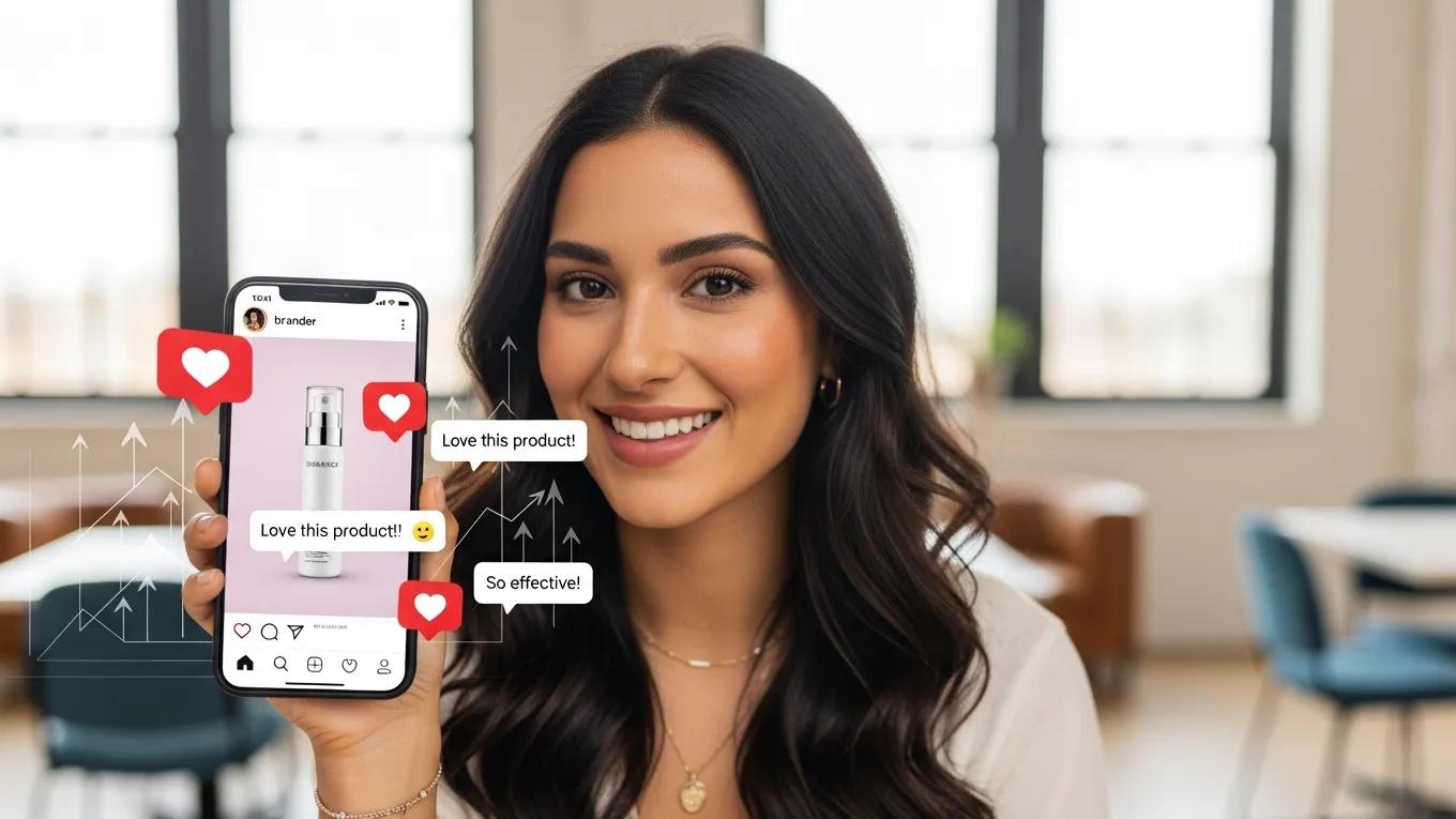Woman smiling and holding a smartphone displaying a beauty product with positive comments and engagement icons, illustrating influencer marketing and social media engagement strategies.