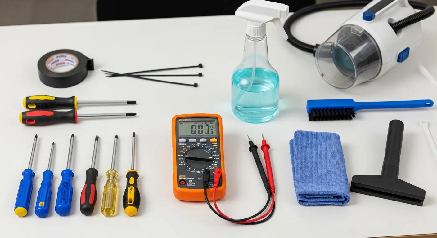 Tools commonly used for mini split maintenance: screwdrivers, a multimeter, and cleaning supplies Tools commonly used for mini split maintenance: screwdrivers, a multimeter, and cleaning supplies