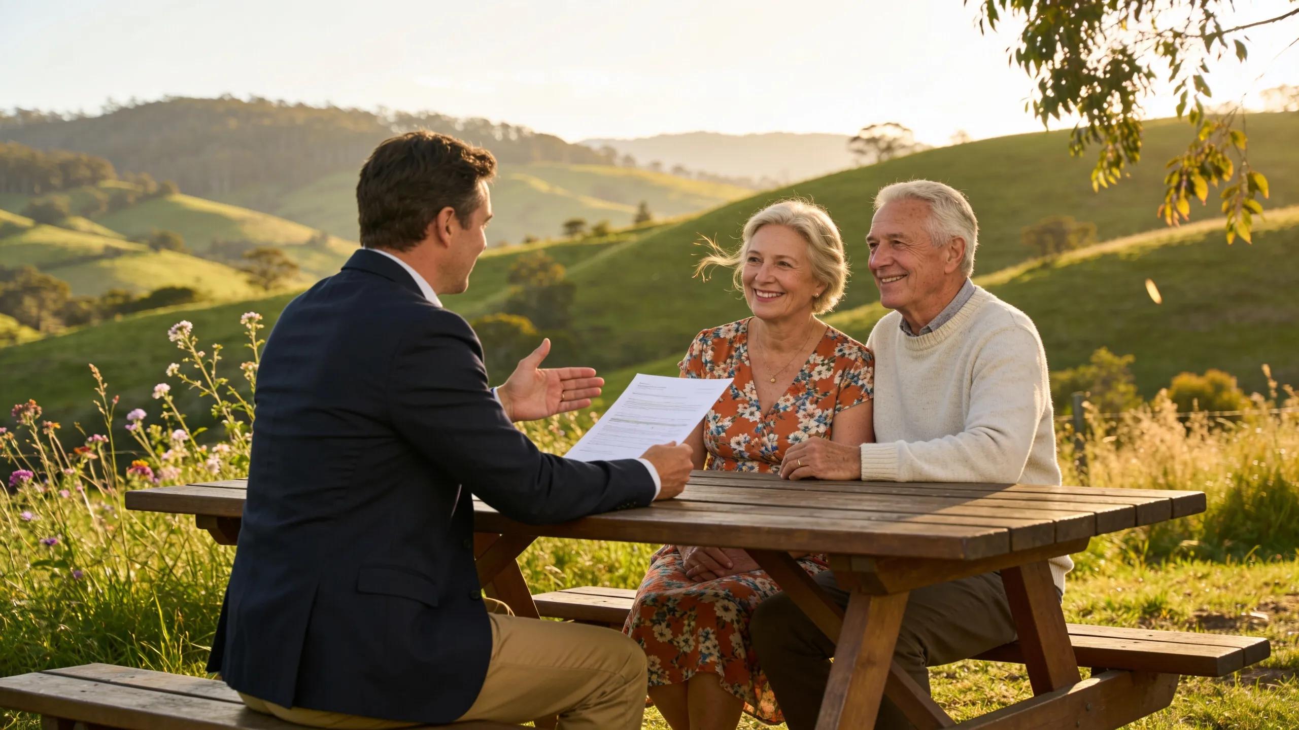 Southern Highlands landscape with financial advisor meeting retirees, highlighting local support in investment