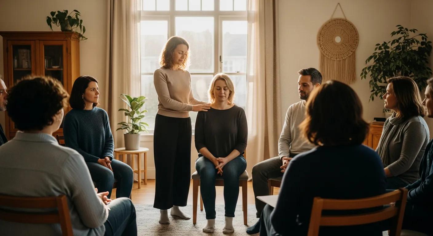 Participants engaged in a constelaciones familiares therapy session, illustrating the therapeutic practices and emotional exploration involved