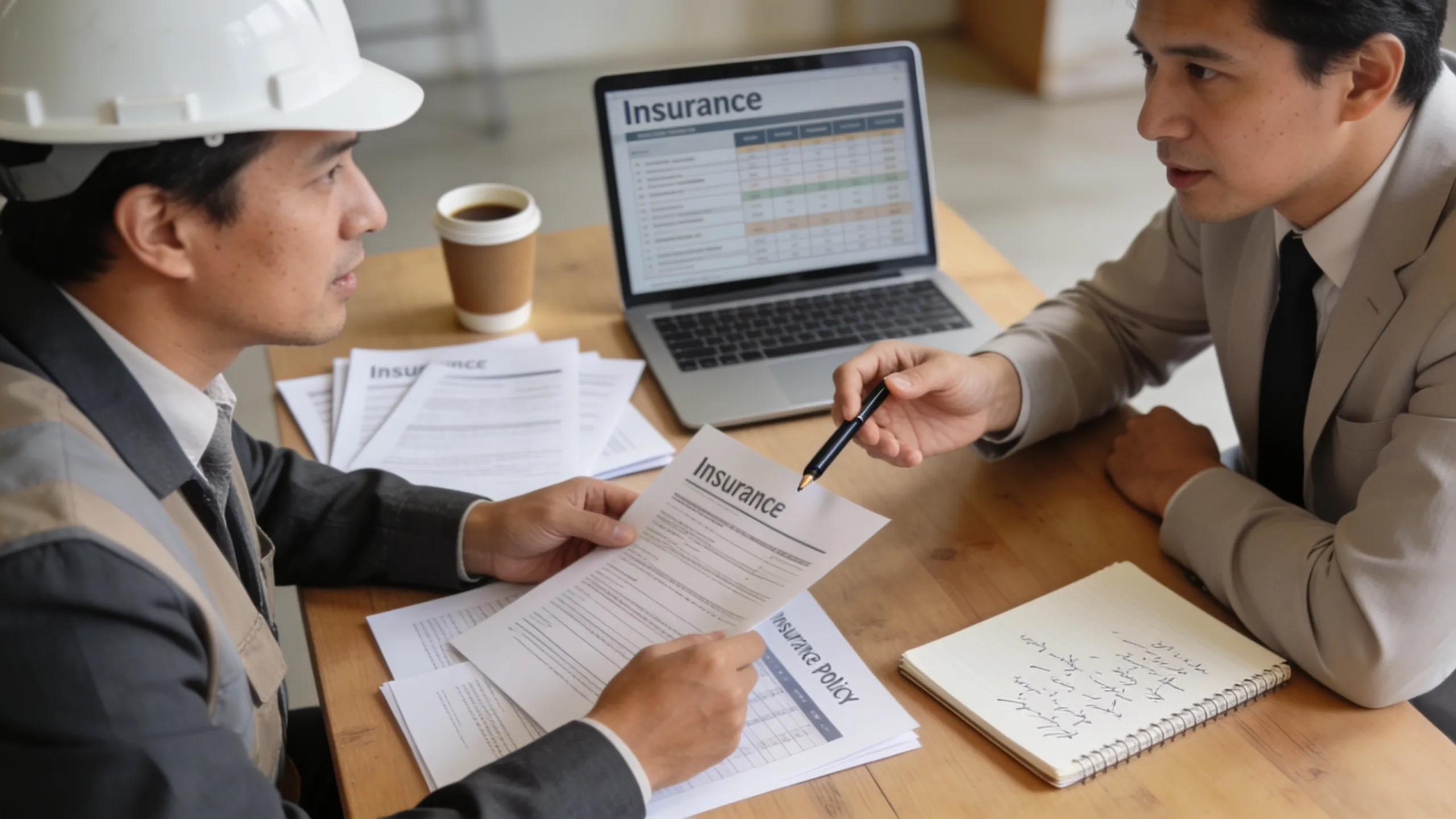 Contractor consulting with an insurance agent about affordable insurance options, illustrating the process of obtaining general liability insurance