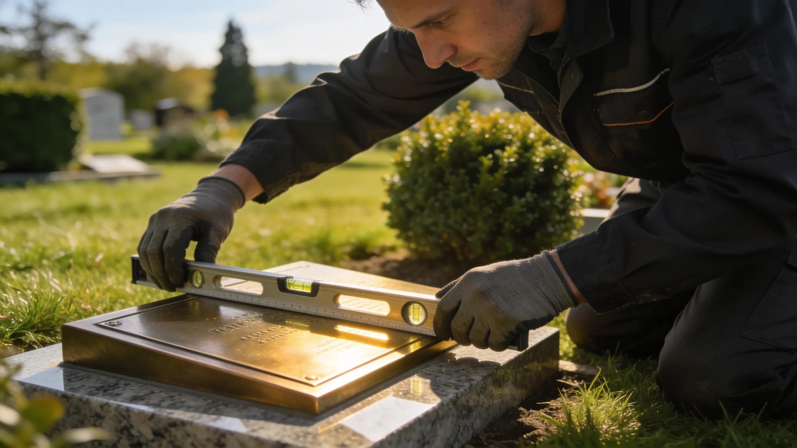 Professional installation of a bronze memorial plaque at a cemetery, emphasizing careful placement