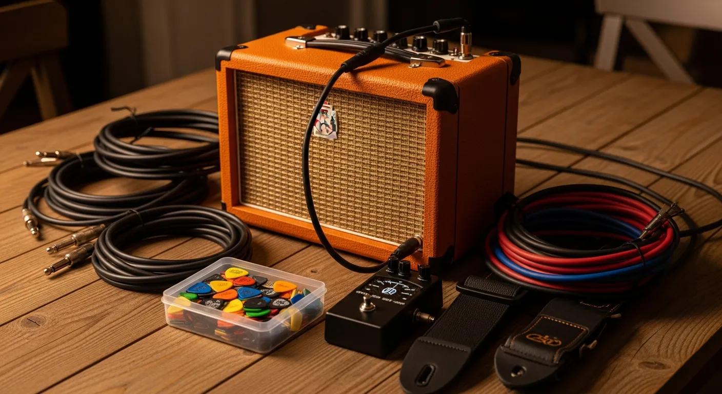 Essential electric guitar accessories including orange amplifier, cables, and picks arranged on a wooden table for beginner guitarists Essential electric guitar accessories including orange amplifier, cables, and picks arranged on a wooden table for beginner guitarists