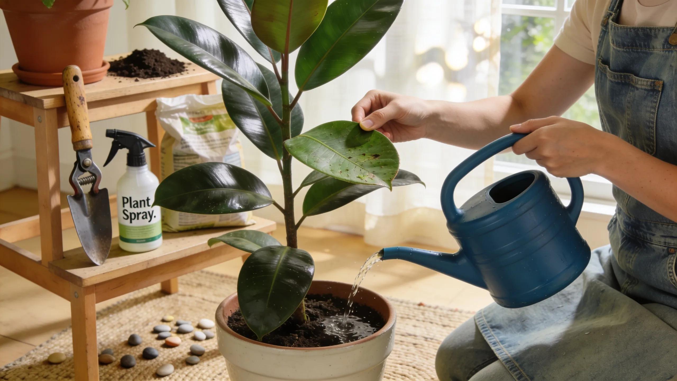 A person watering a Rubber Tree, illustrating care tips for maintaining large indoor plants in a cozy gardening setup