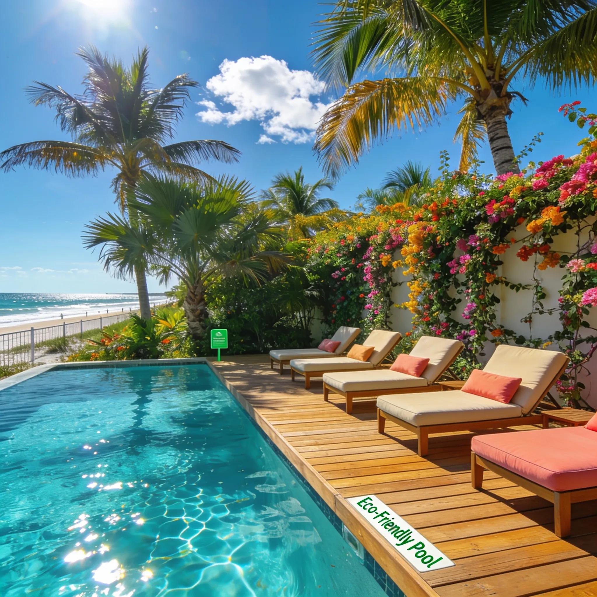Stunning clear pool in Daytona Beach surrounded by tropical vegetation, showcasing eco-friendly maintenance