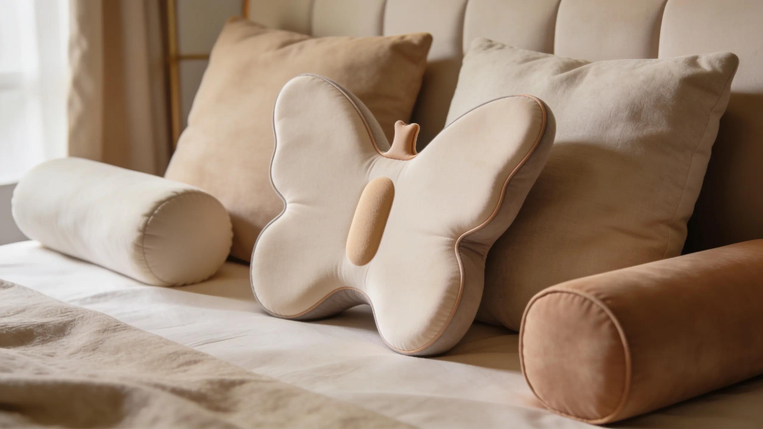 Close-up of butterfly pillow design, demonstrating features promoting spinal alignment and comfort