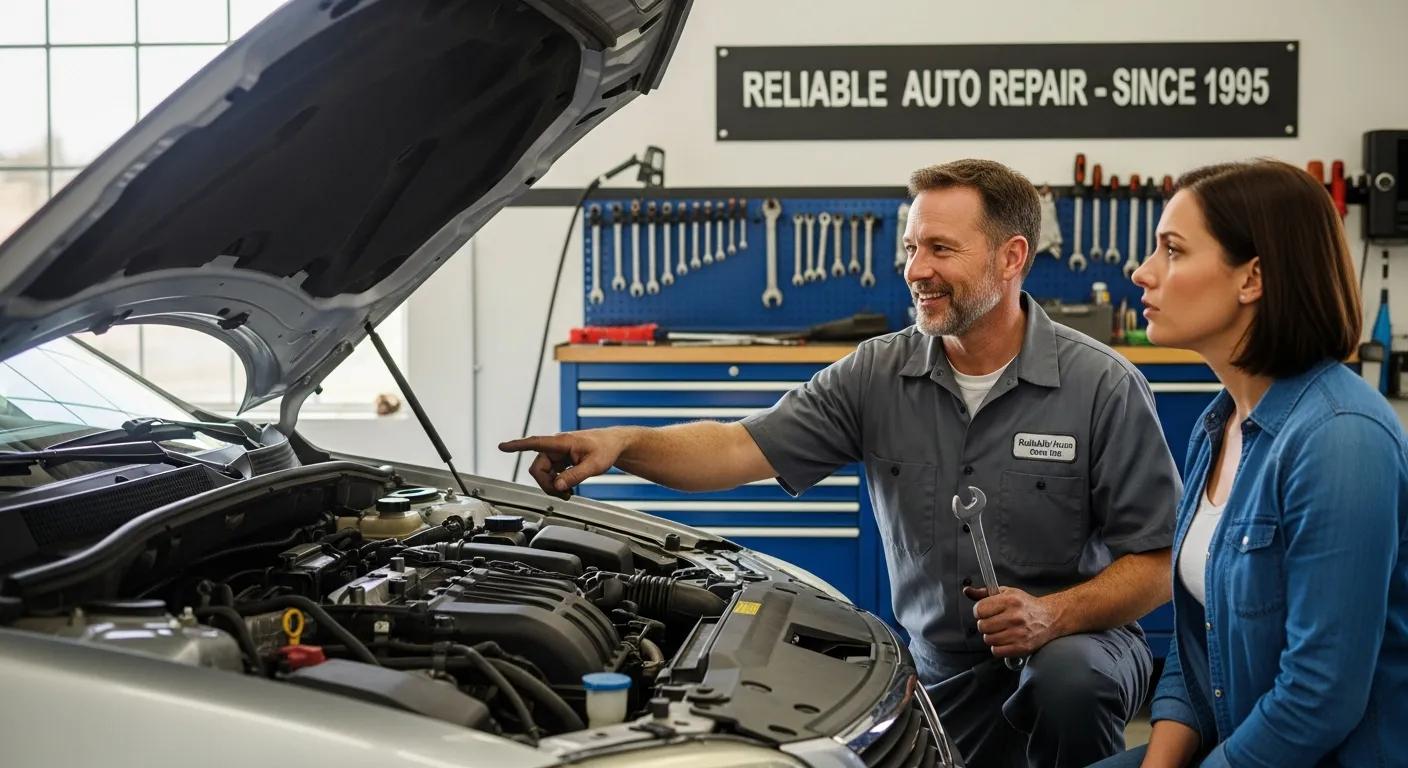 Local mechanic repairing a car in a garage, emphasizing trust and reliability in car repair services