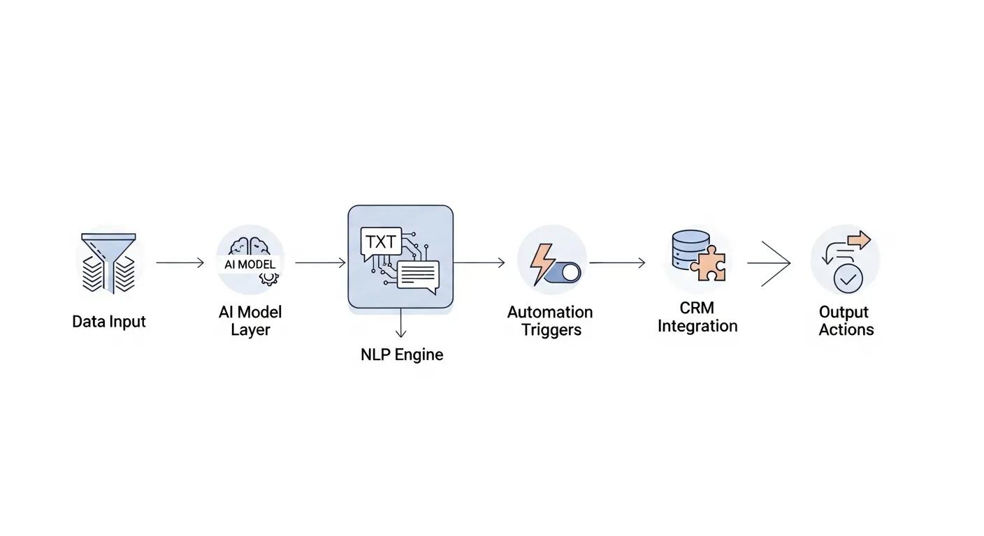 Create a clean, professional business diagram showing an AI workflow automation system. Include labeled components: data input, AI model layer, NLP engine, automation triggers, CRM integration, output actions. Use a modern flat design style, soft blues and neutral colors, minimal icons, no people. Create a clean, professional business diagram showing an AI workflow automation system. Include labeled components: data input, AI model layer, NLP engine, automation triggers, CRM integration, output actions. Use a modern flat design style, soft blues and neutral colors, minimal icons, no people.