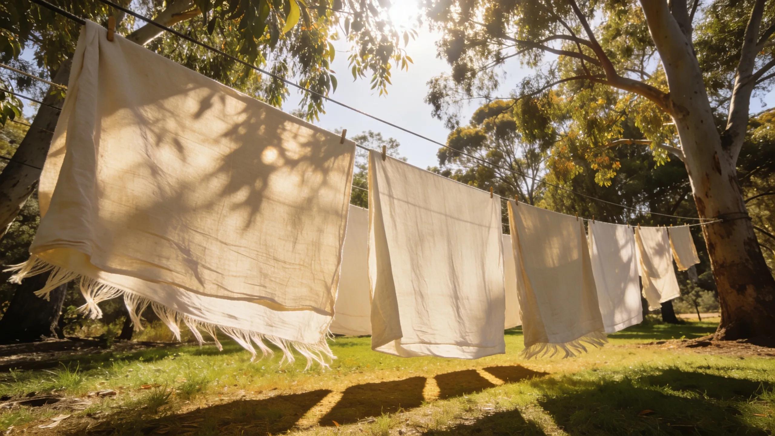 Beautifully air-dried linen sheets hanging in a sunny Australian outdoor setting, emphasising natural drying techniques
