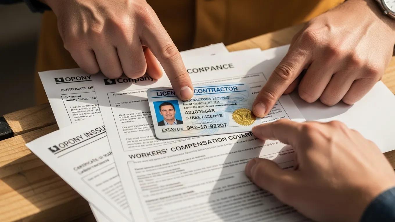 Close-up of carpenter's hands holding contractor license and insurance documents, emphasizing credential verification