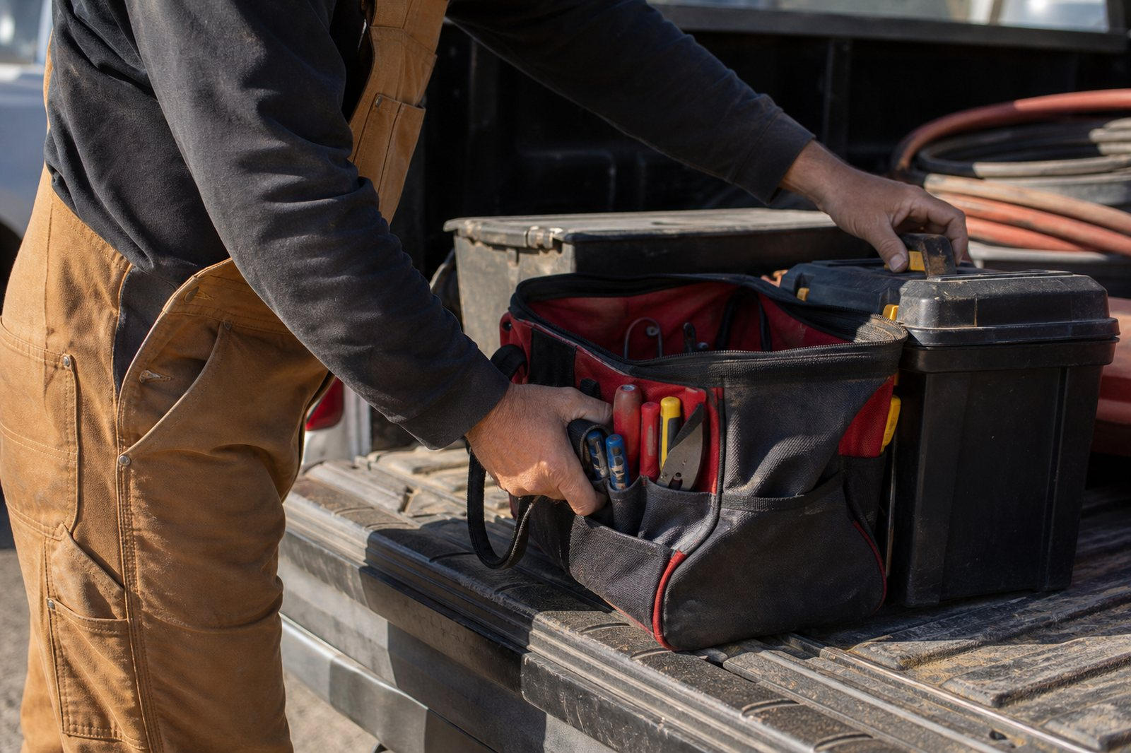 Contractor loading tools into the bed of a work truck