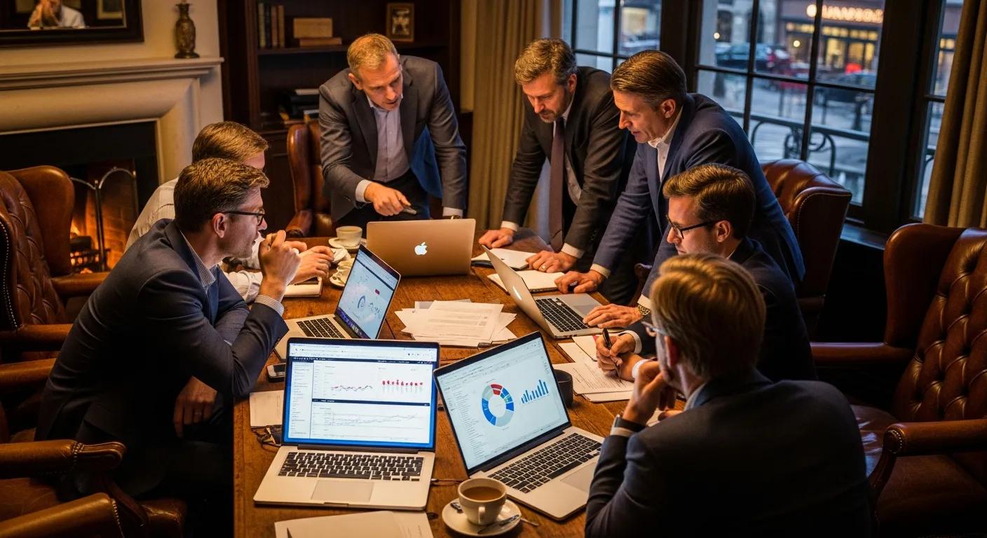Investors collaborating on distressed loan databases in a cozy meeting space Investors collaborating on distressed loan databases in a cozy meeting space