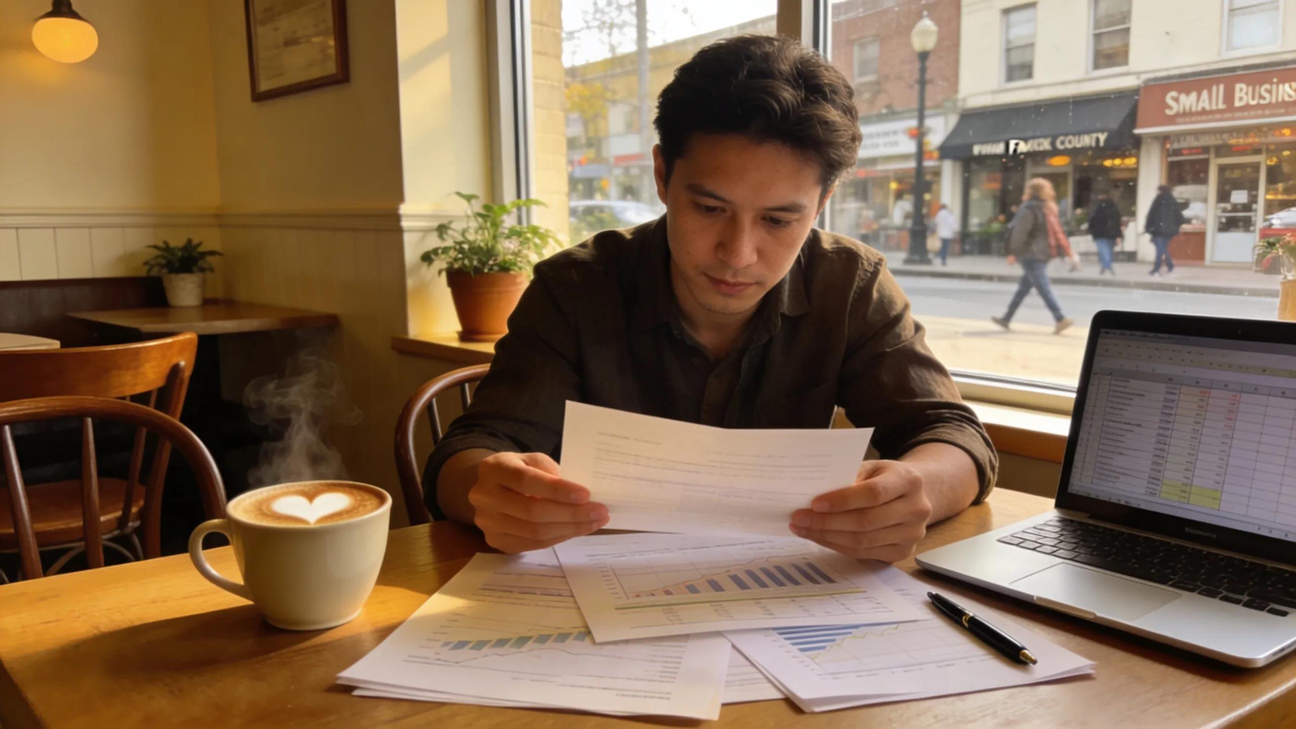 Local small business owner in a cozy café reviewing loan options Local small business owner in a cozy café reviewing loan options
