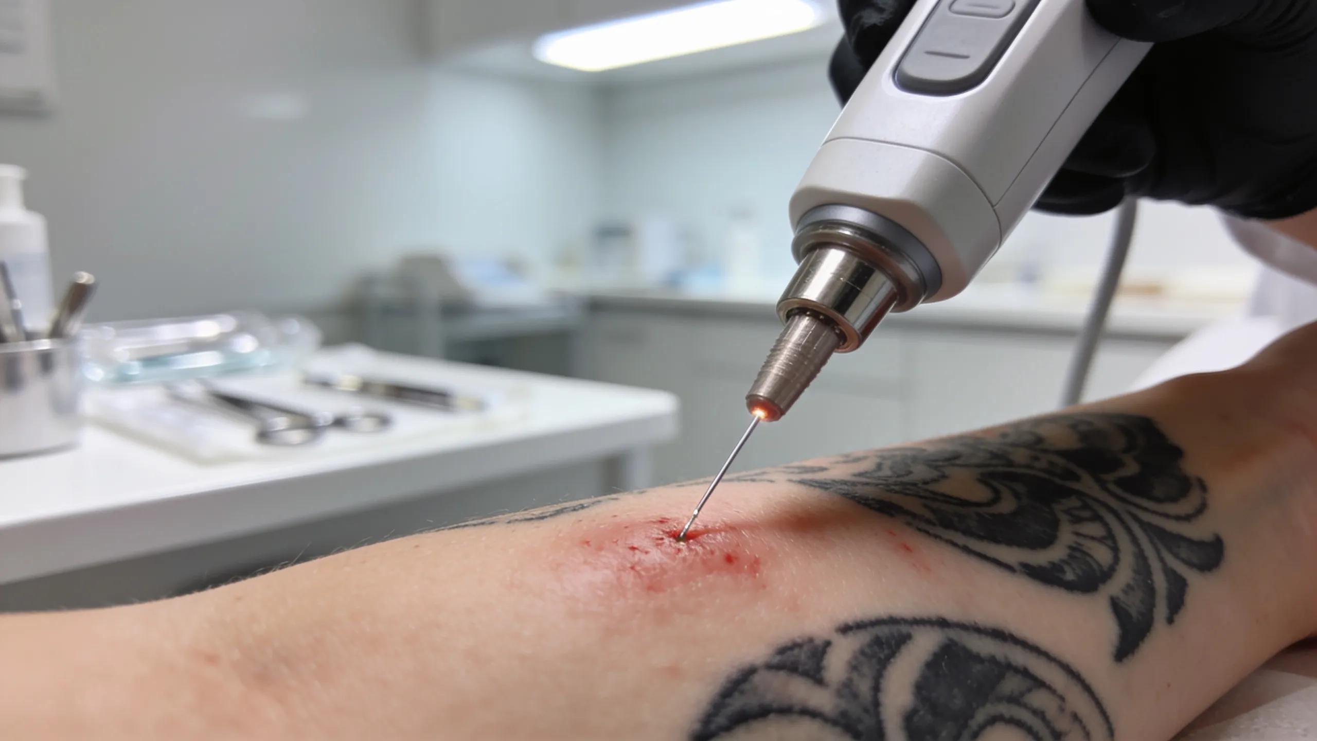 Electrolysis procedure on tattooed skin, showcasing the treatment device in a professional setting