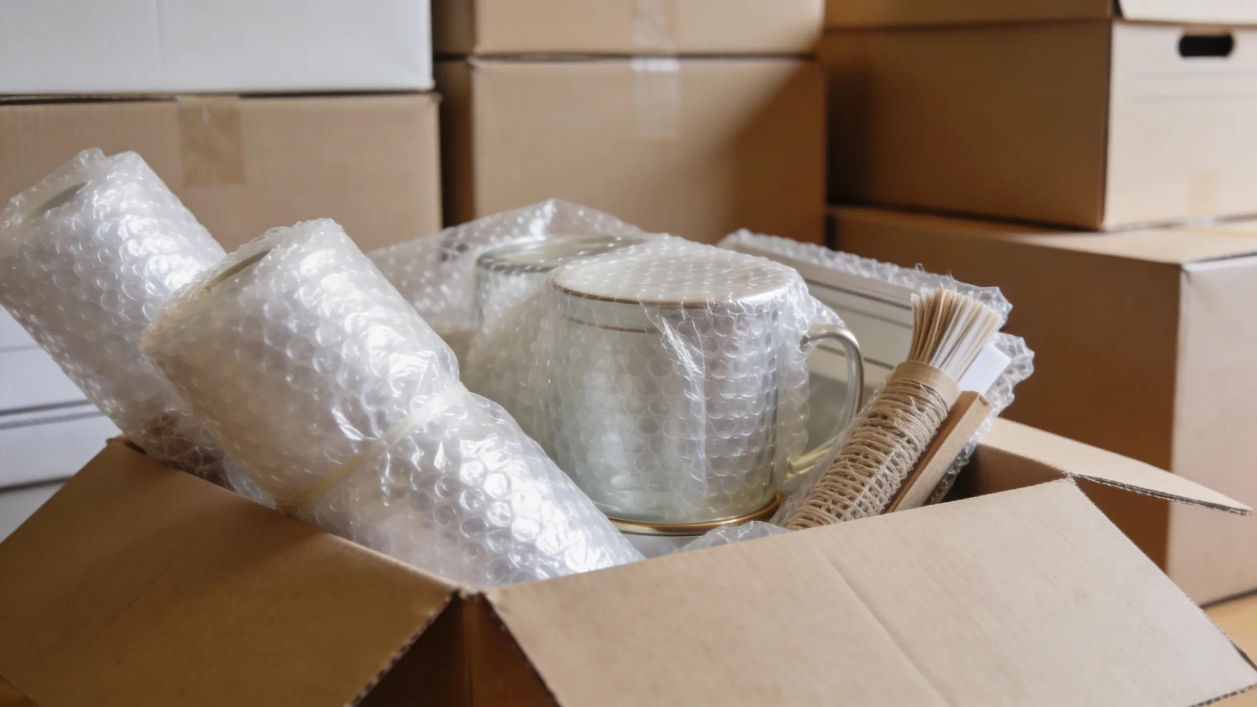 Carefully wrapped fragile items using bubble wrap, highlighting packing best practices.