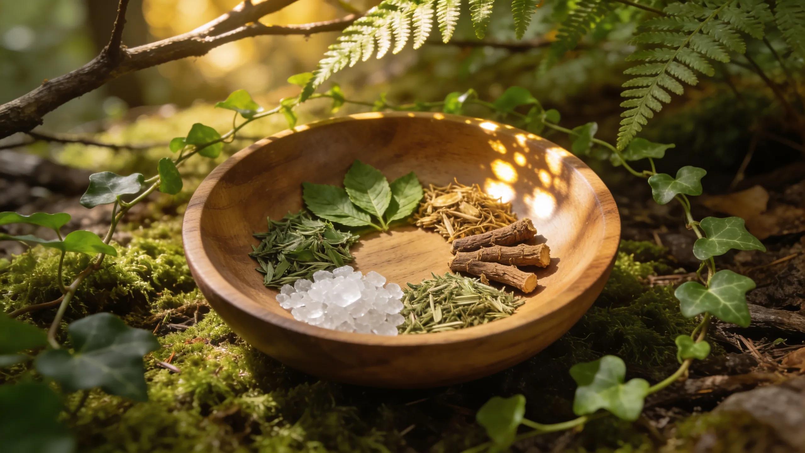 Natural ingredients for cognitive enhancement in a wooden bowl surrounded by greenery, highlighting wellness and health
