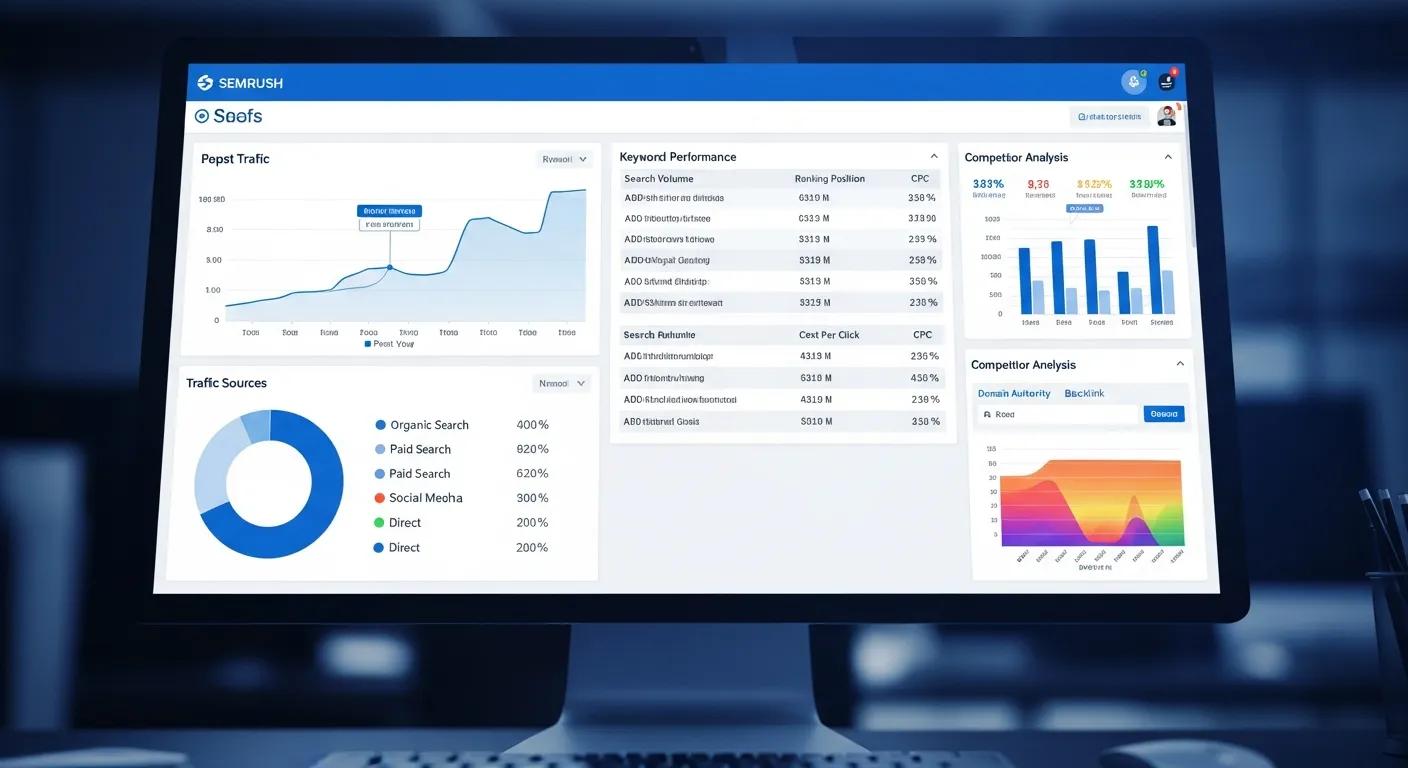 Computer screen displaying SEO metrics and competitor analysis tools