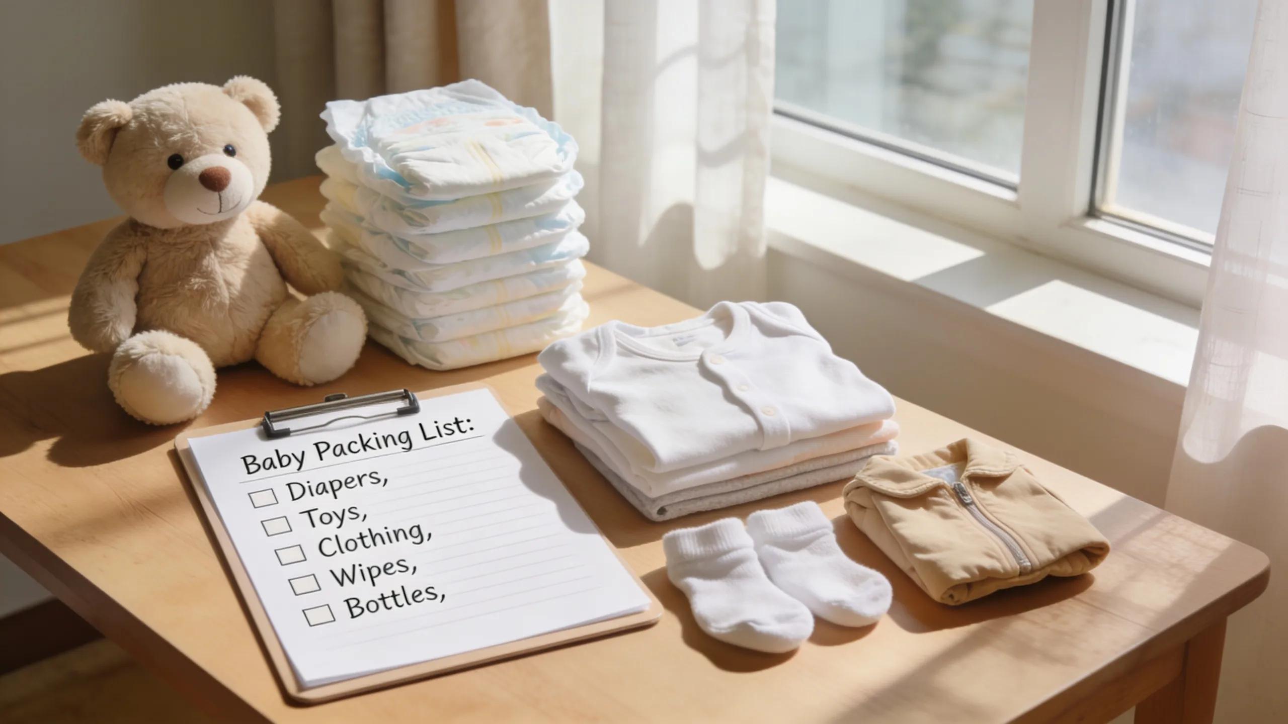 Organized packing scene with baby essentials and a checklist for a stress-free move