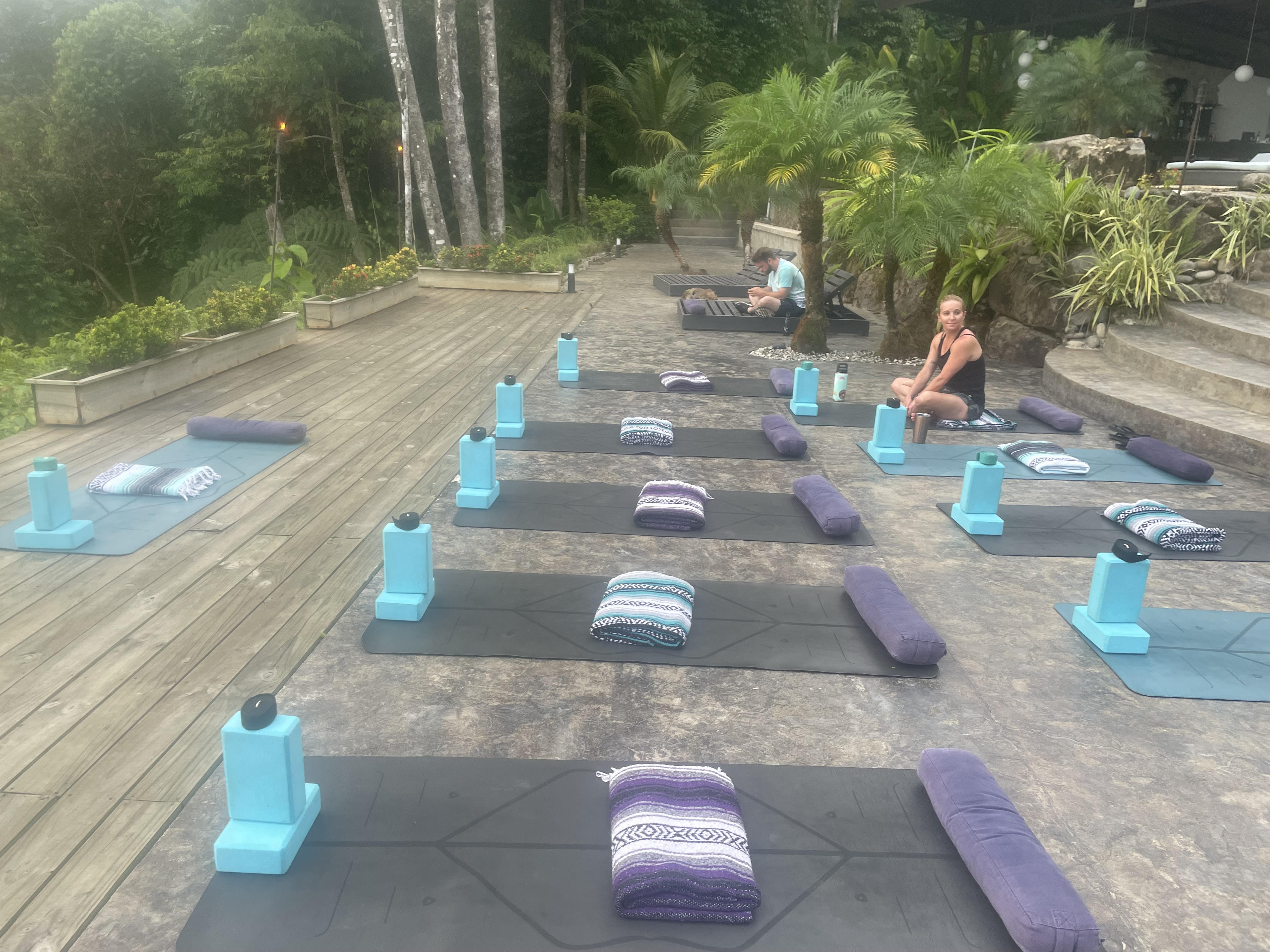 Group of participants practicing yoga outdoors at a wellness retreat