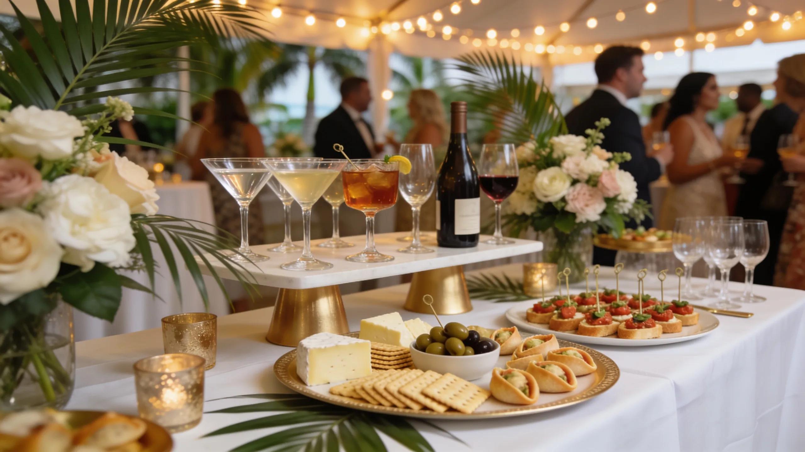 Elegant cocktail hour catering display featuring charcuterie, cheese, and appetizer platters for corporate events in South Florida