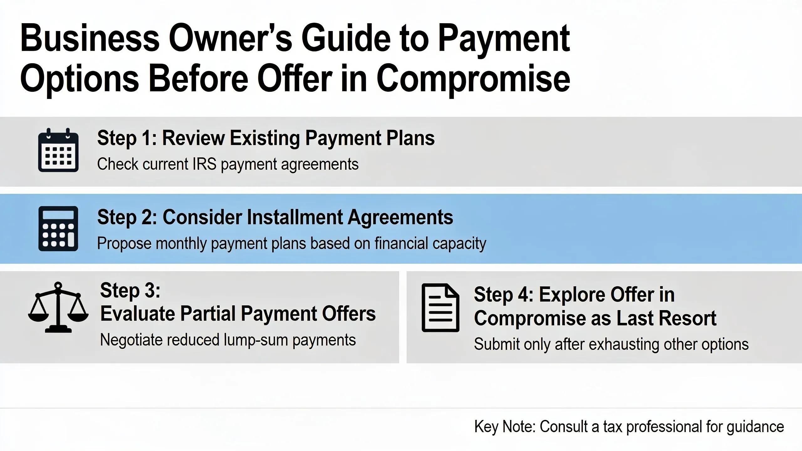 Business owners should explore all other payment options before submitting an Offer in Compromise, as