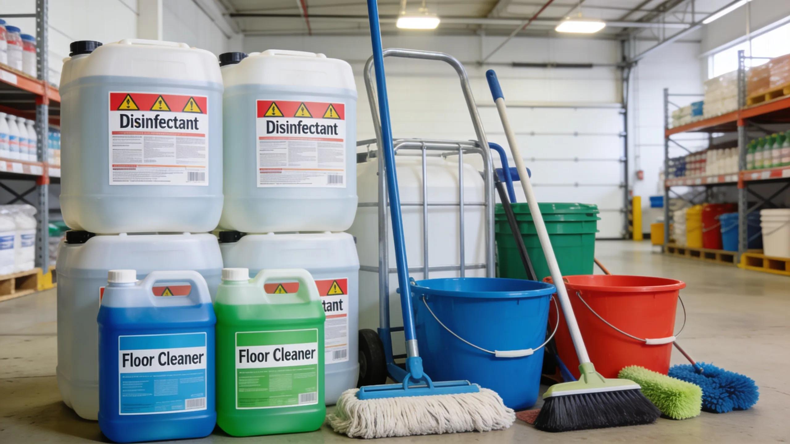 Bulk cleaning supplies in a commercial setting, featuring disinfectants and cleaning equipment
