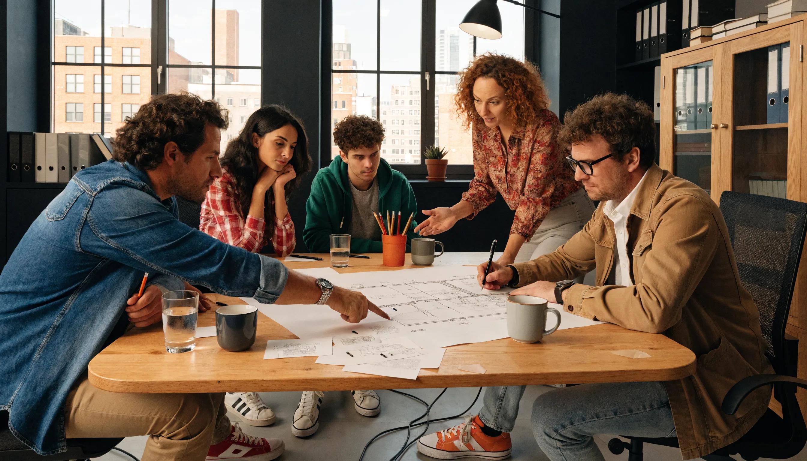 Professionals reviewing architectural plans to illustrate syndication structures in real estate.