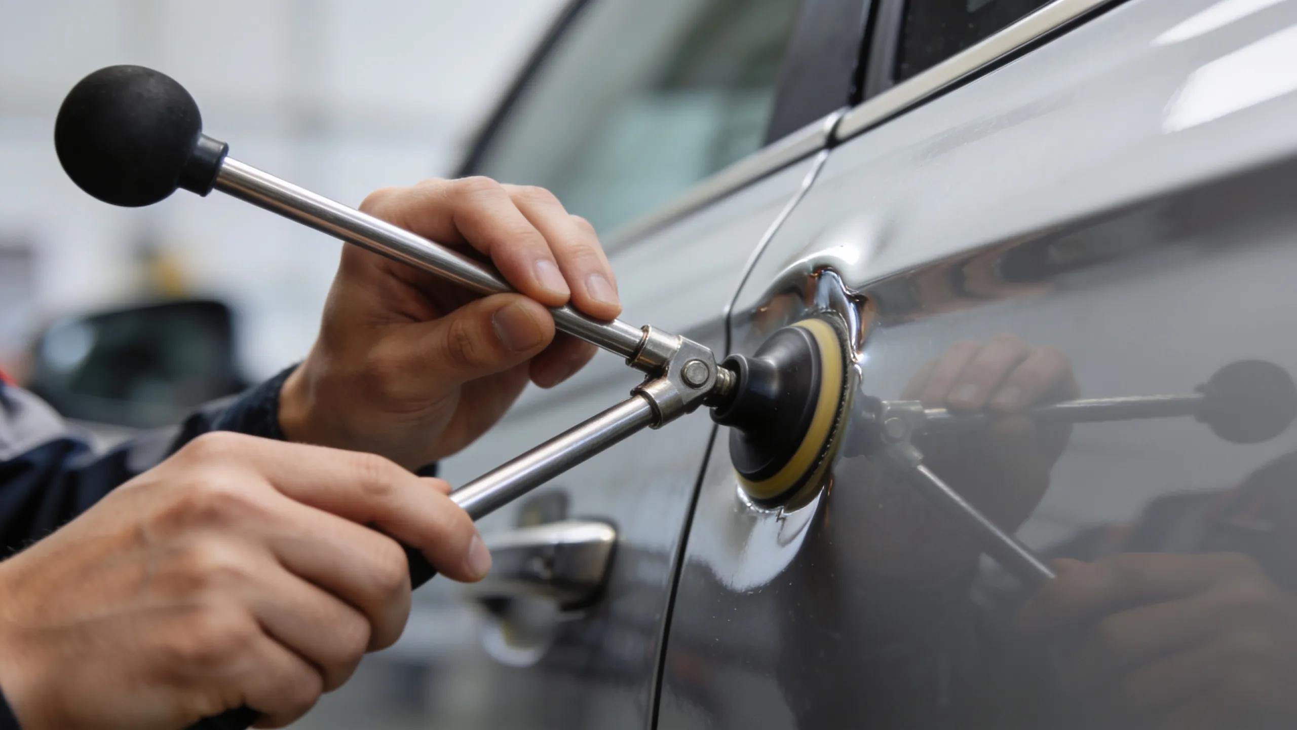 Technician executing Paintless Dent Repair on a vehicle door