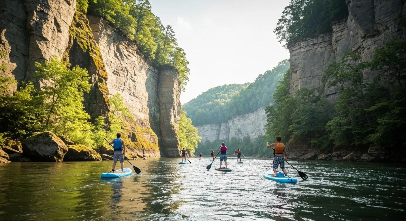 Paddleboarders navigating the scenic New River Gorge with dramatic cliffs in the background