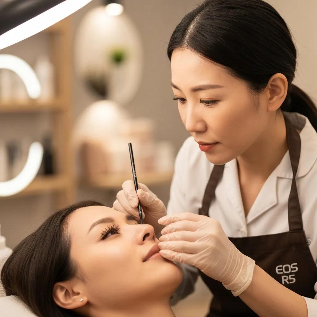 Technician applying eyelash tint at our salon to darken lashes and enhance lift
