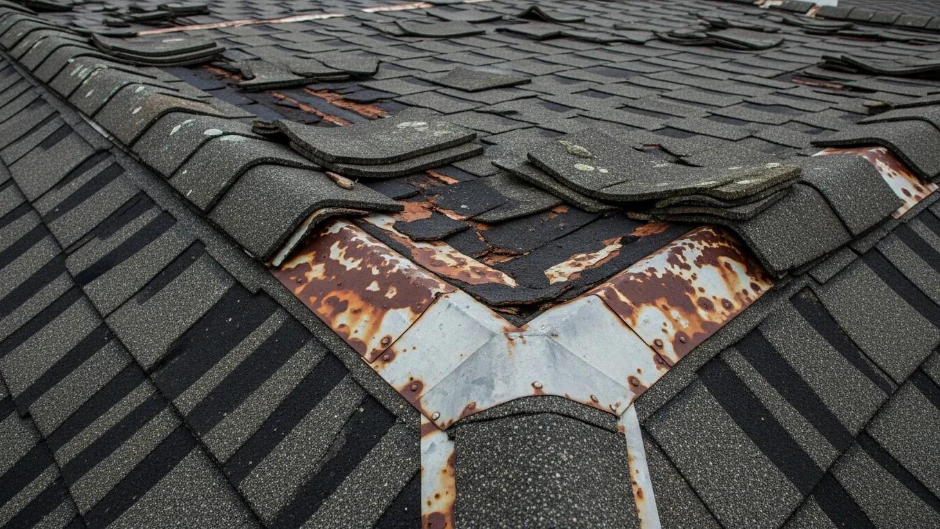 Salt air and storm damage on an asphalt shingle roof in coastal Delaware