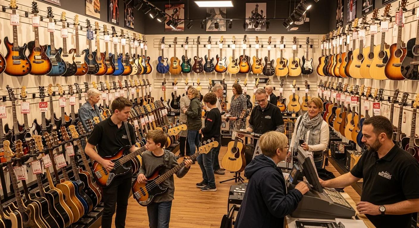 Diverse selection of electric, acoustic, and bass guitars displayed inside Music Street, with staff assisting customers