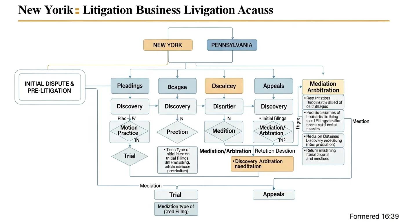 Flowchart of business litigation stages across NY, NJ, and PA