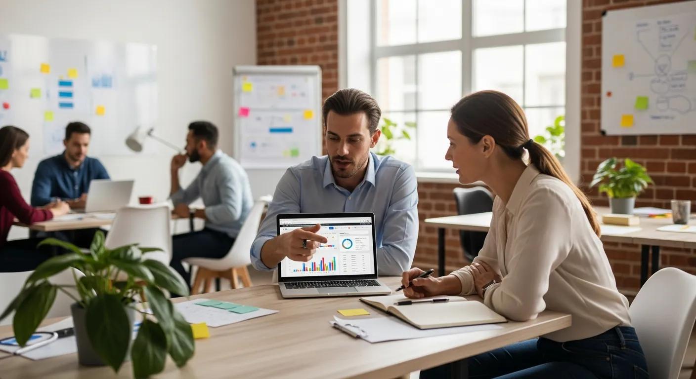 Consultant discussing SEO strategies with a small business owner in a collaborative workspace Consultant discussing SEO strategies with a small business owner in a collaborative workspace