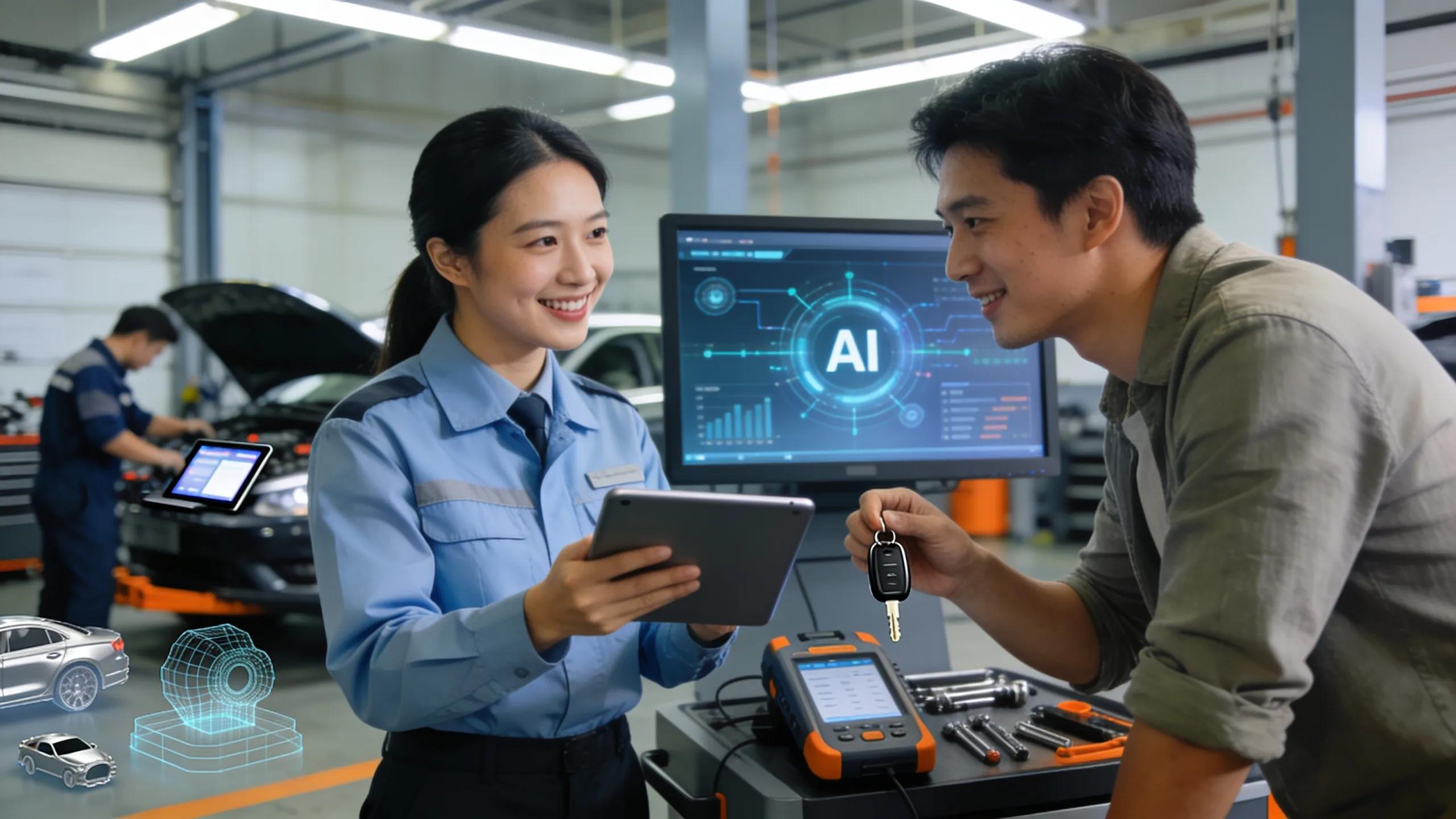 Customer service representative assisting clients with AI tools in an auto repair shop