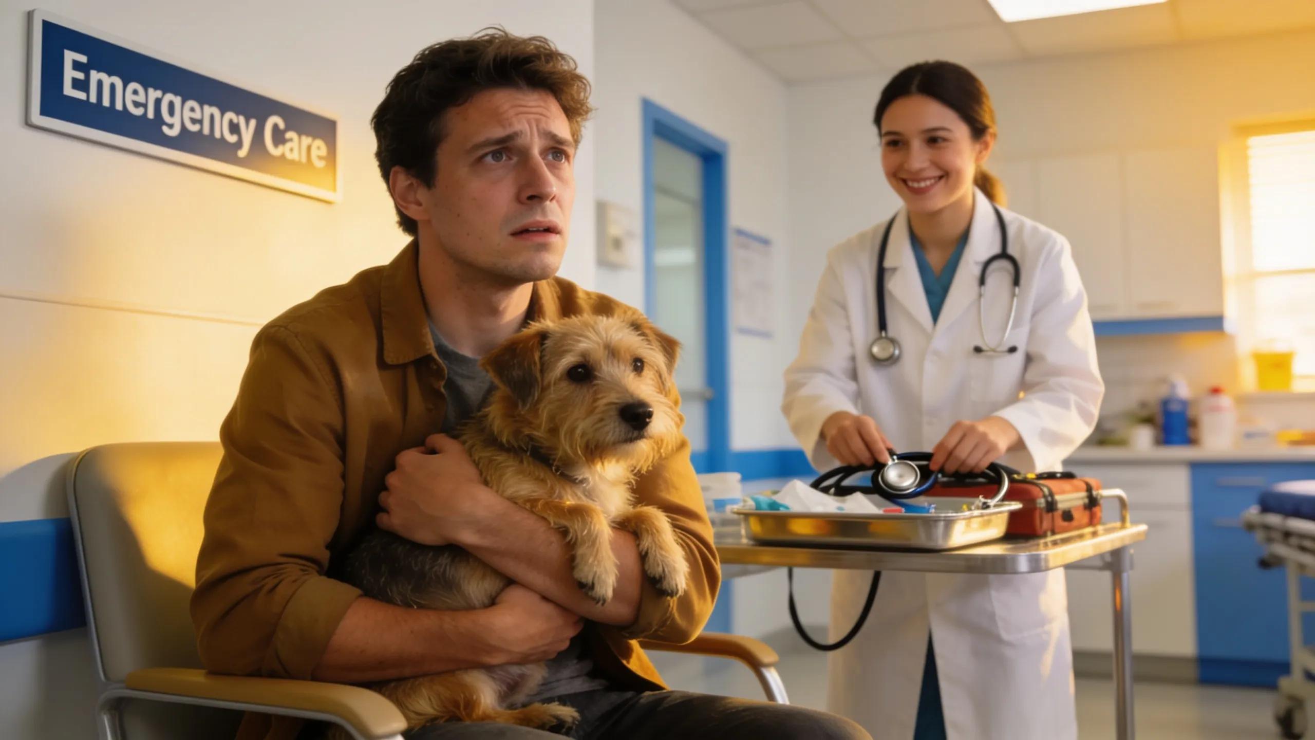Pet owner with dog in veterinary clinic, emphasizing emergency care