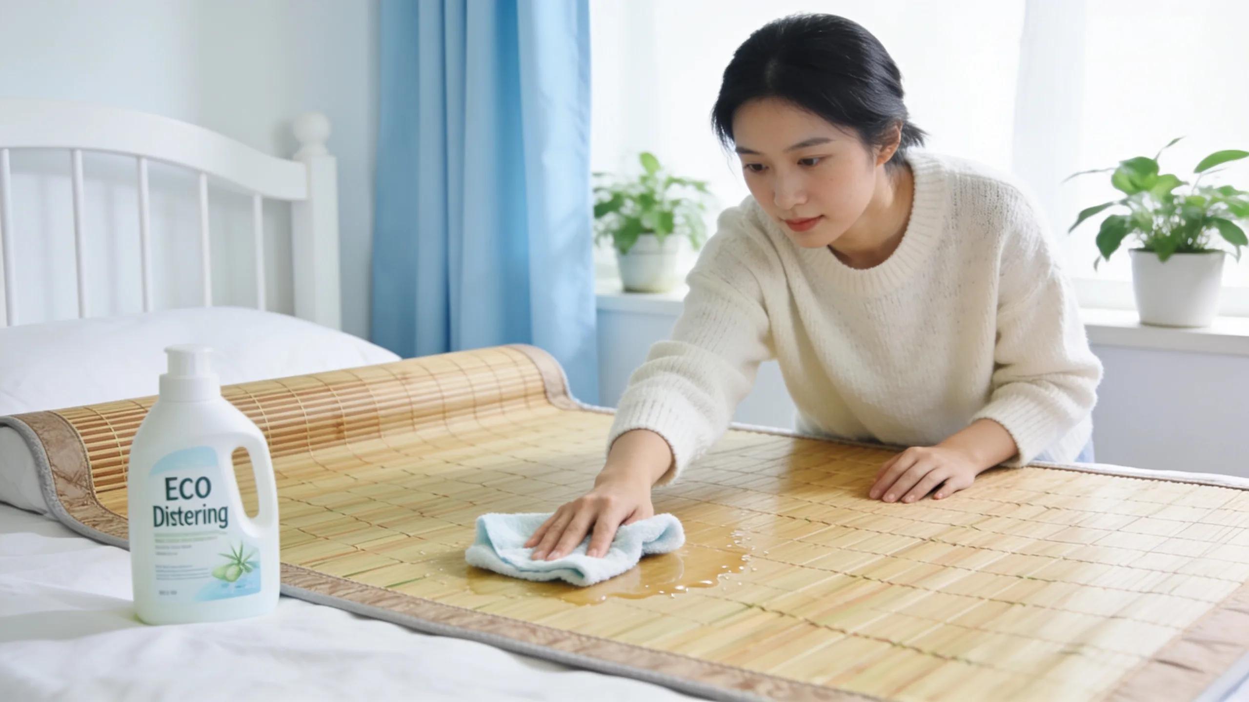 Person caring for a bamboo mattress topper, illustrating proper maintenance practices for longevity