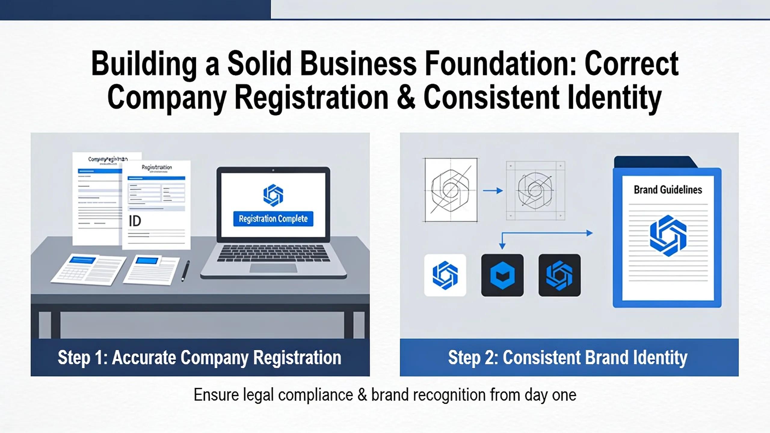 A solid business foundation starts with registering the company correctly and locking in consistent identity