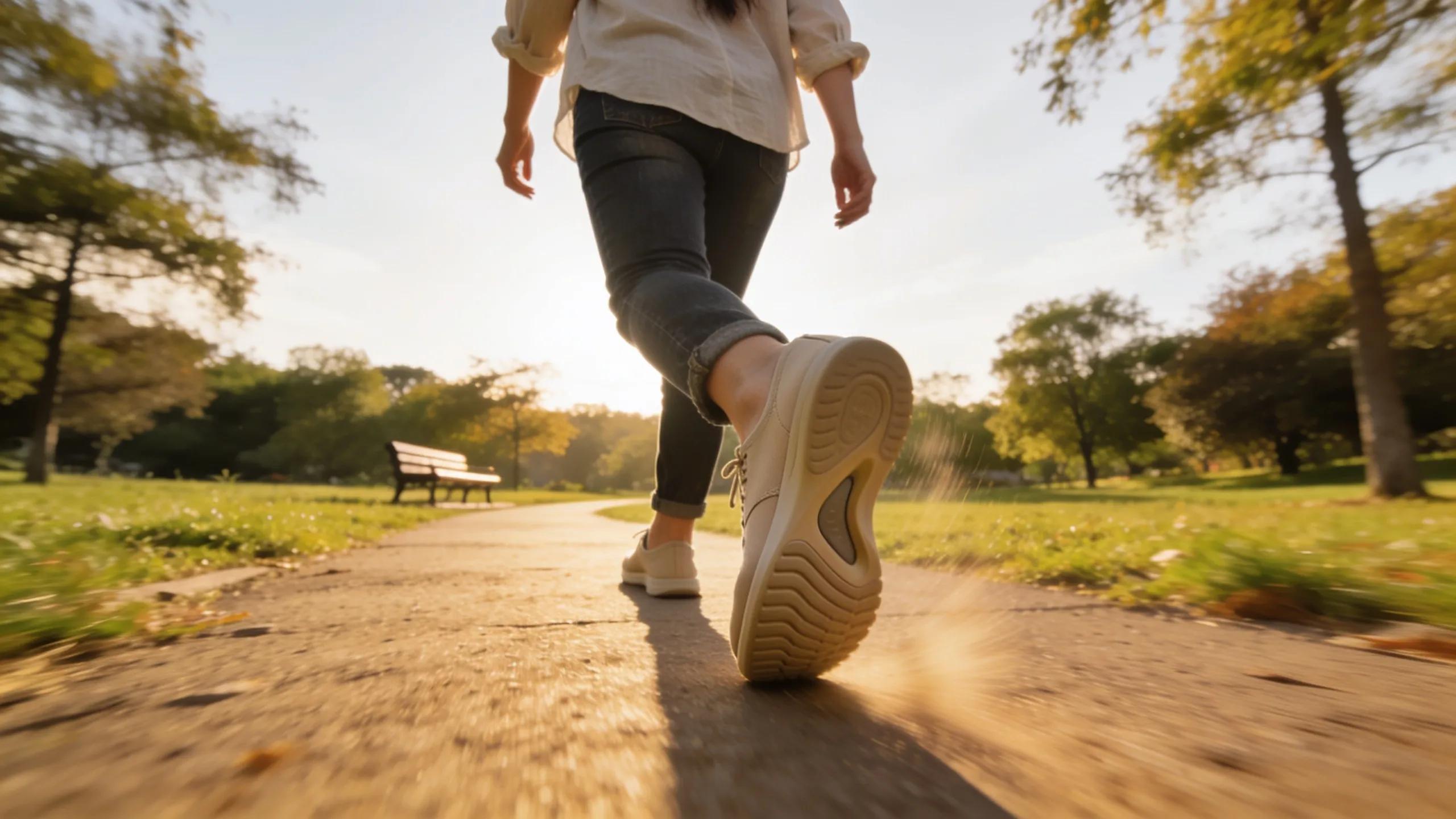 Woman walking in orthopedic shoes showcasing ergonomic sole structure for arthritis relief