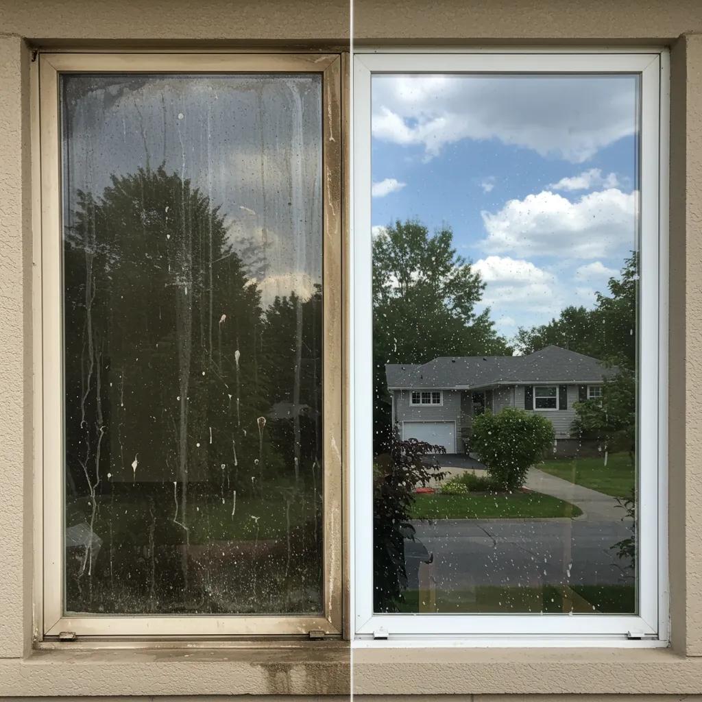 Before-and-after comparison of a residential window showing the benefits of professional cleaning