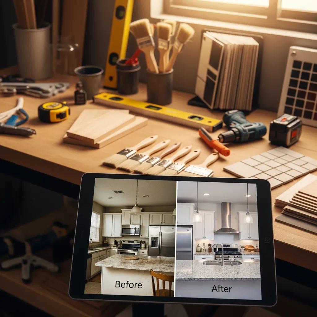 Tablet showing a before-and-after renovation photo collage