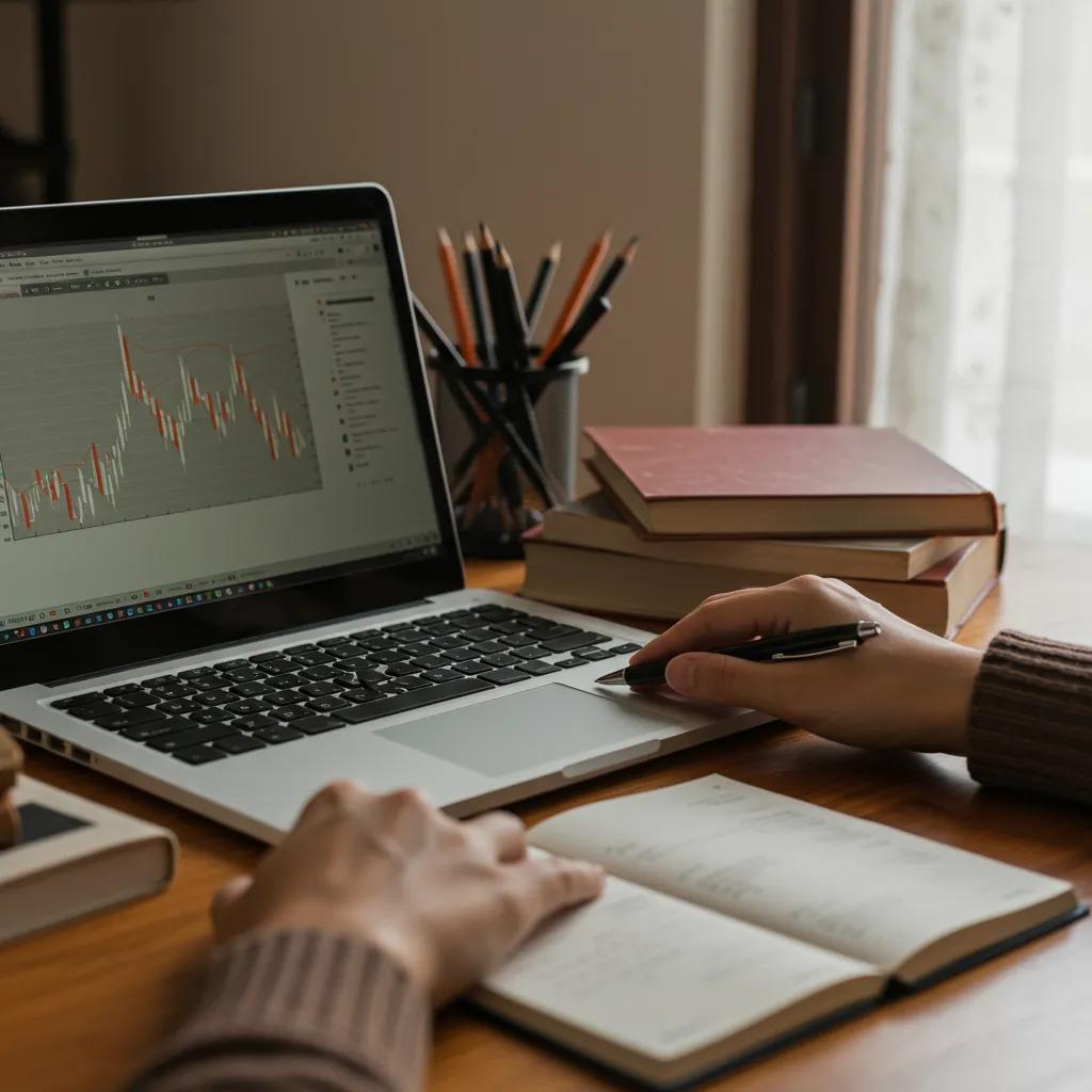 Beginner investor learning stock market basics with financial books and a laptop
