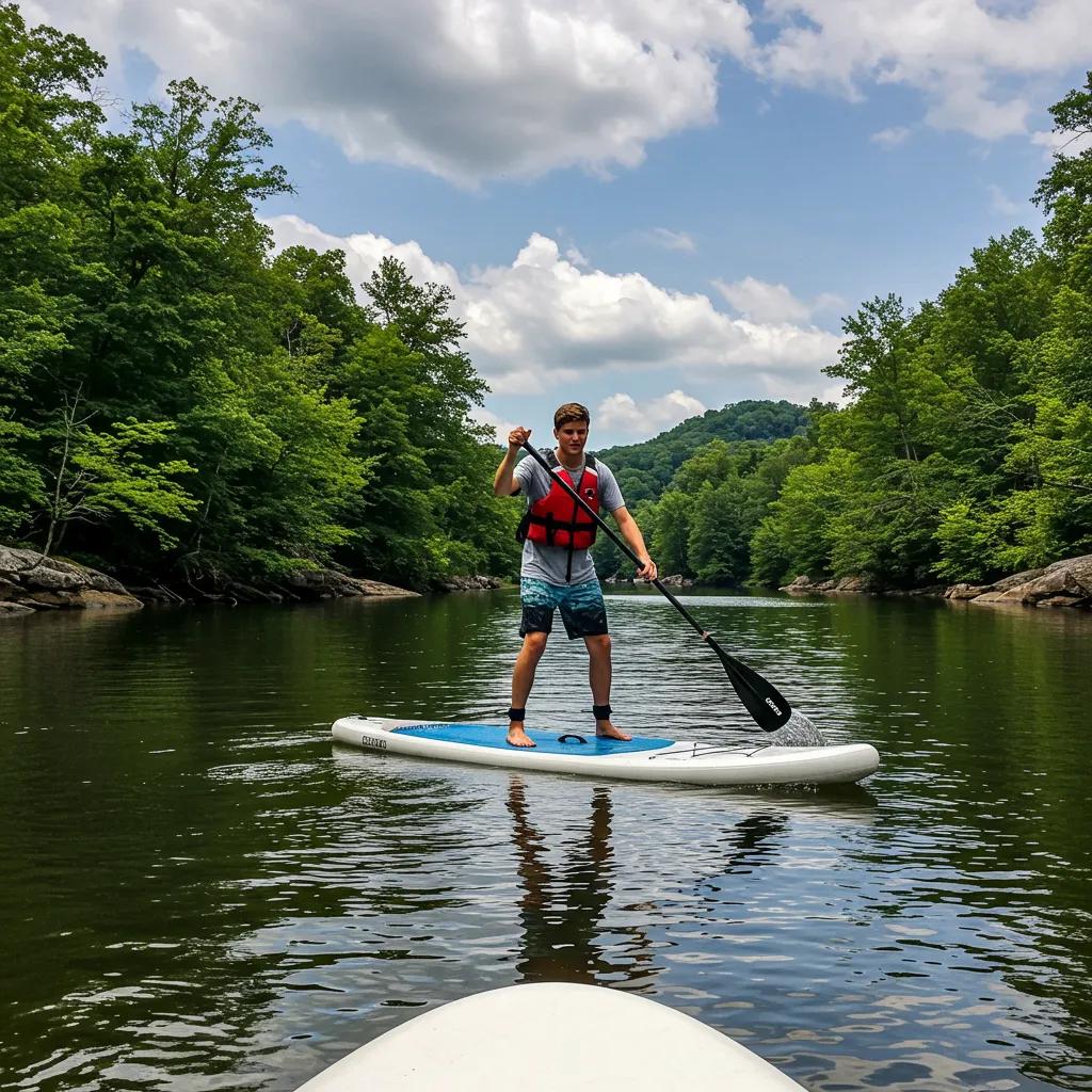 Beginner practicing paddleboarding techniques on calm water, showcasing learning and skill development