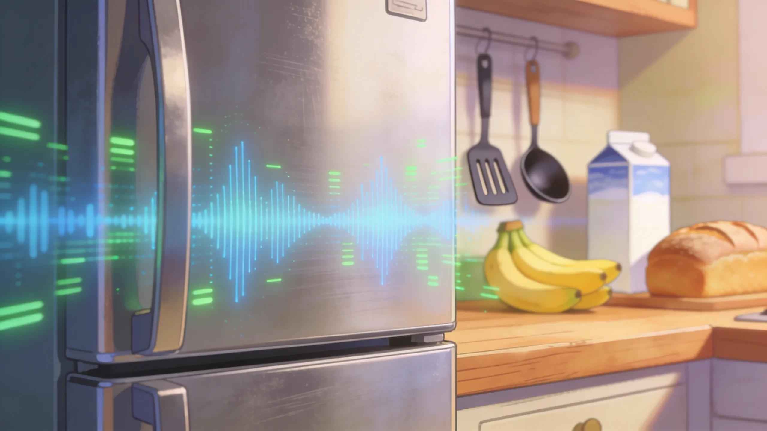 Refrigerator with sound wave graphics emphasizing different noises in a lively kitchen environment