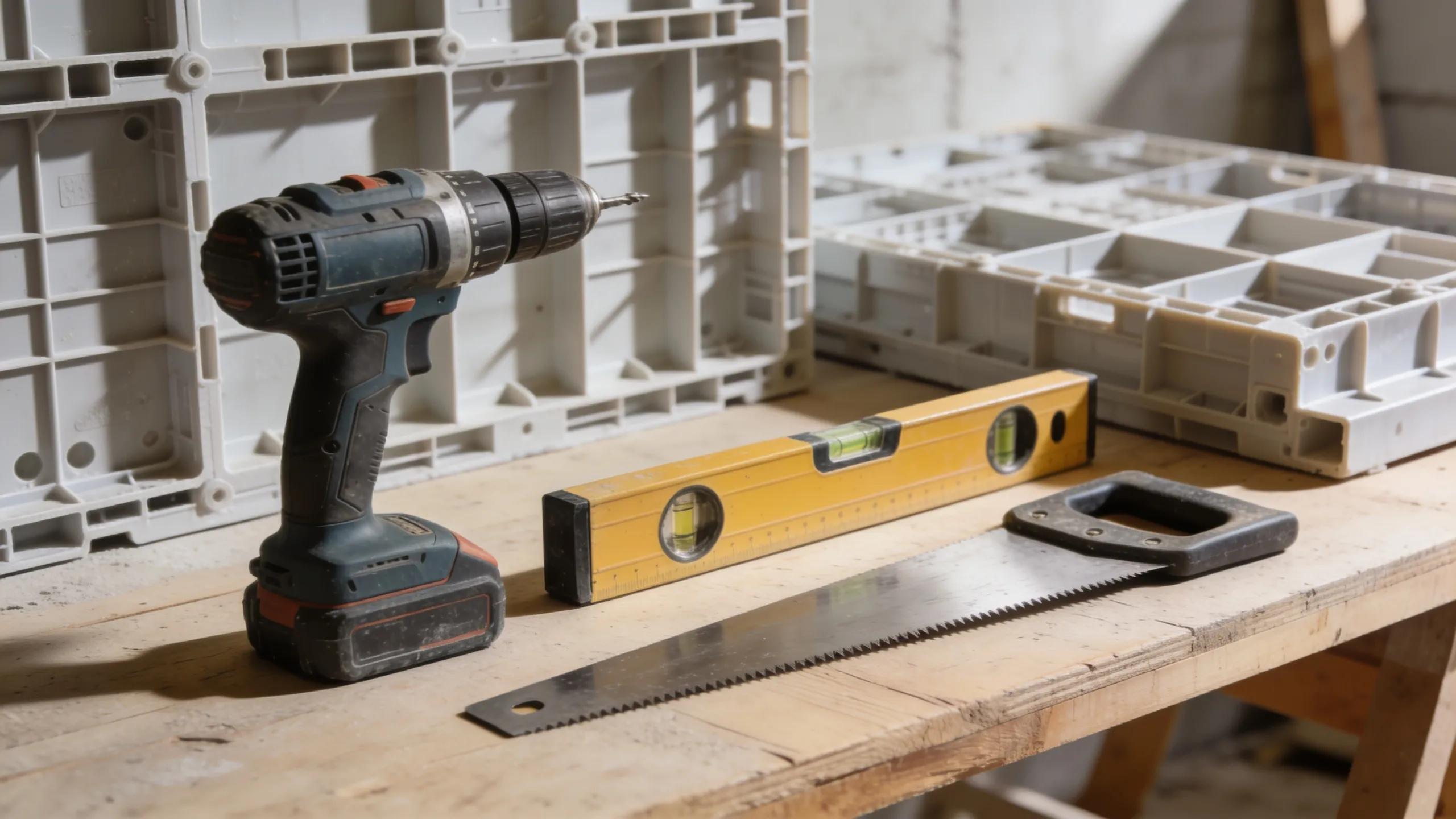 Essential tools for installing plastic formwork: power drill, level, saw