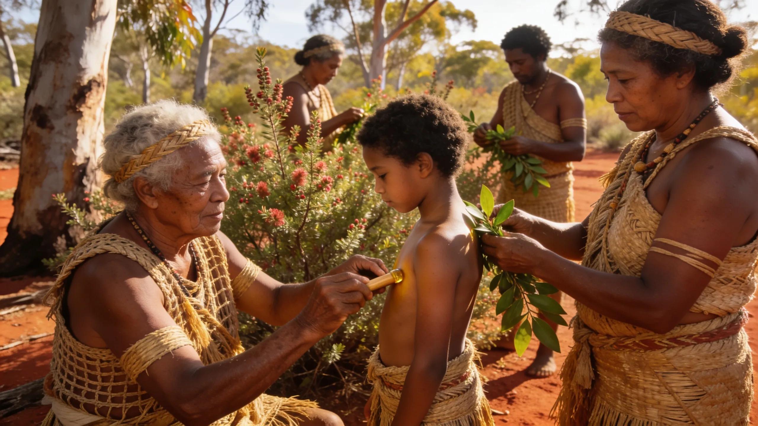 Indigenous Australians using Kunzea oil in a natural landscape, depicting its historical significance