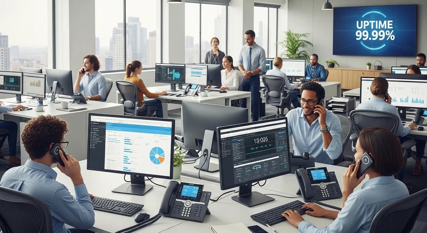 VoIP phone system demonstrating reliability in a busy office setting