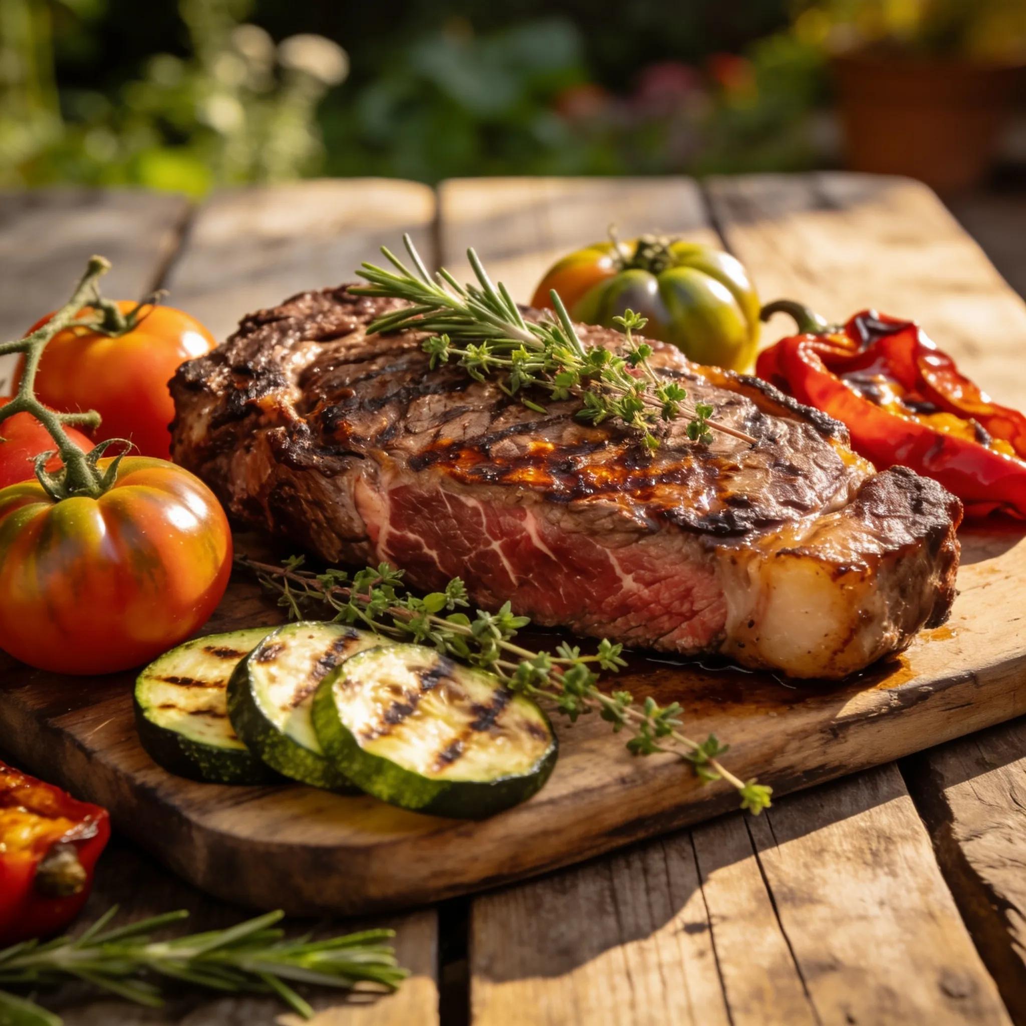 Fresh grass-fed beef steak with herbs and vegetables, emphasizing healthy and sustainable eating choices